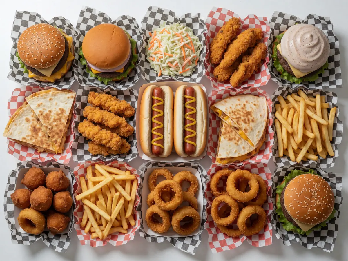 Spread of Cookout-style menu items including burgers, hot dogs, chicken strips, fries and milkshakes
