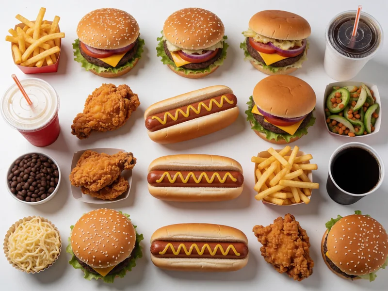 Assortment of burgers, hot dogs, chicken, sides and drinks in one frame