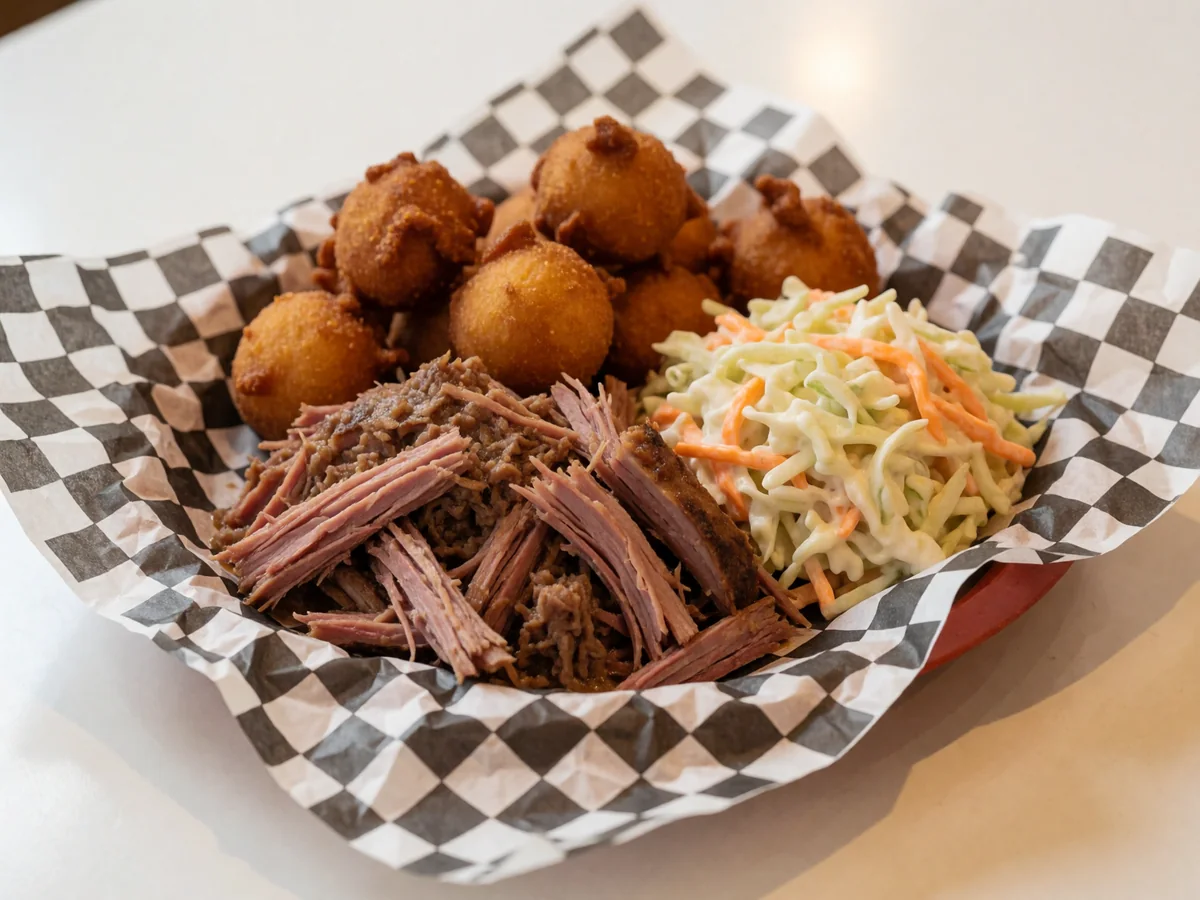 Cookout chopped pork BBQ with hushpuppies and coleslaw