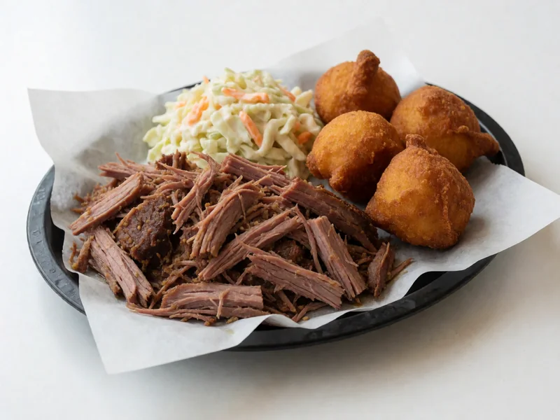 Cookout BBQ Plate with chopped pork, coleslaw and hushpuppies