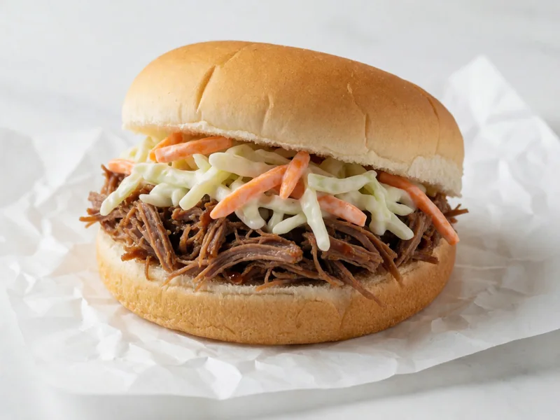 Cookout BBQ sandwich with chopped pork and coleslaw on a soft bun