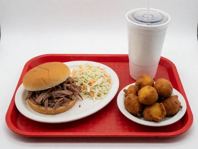 Cookout BBQ tray with a pulled pork sandwich, coleslaw, hushpuppies and a drink