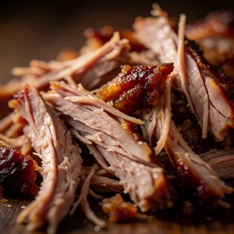 Cookout close-up: chopped Carolina pulled pork with vinegar sauce