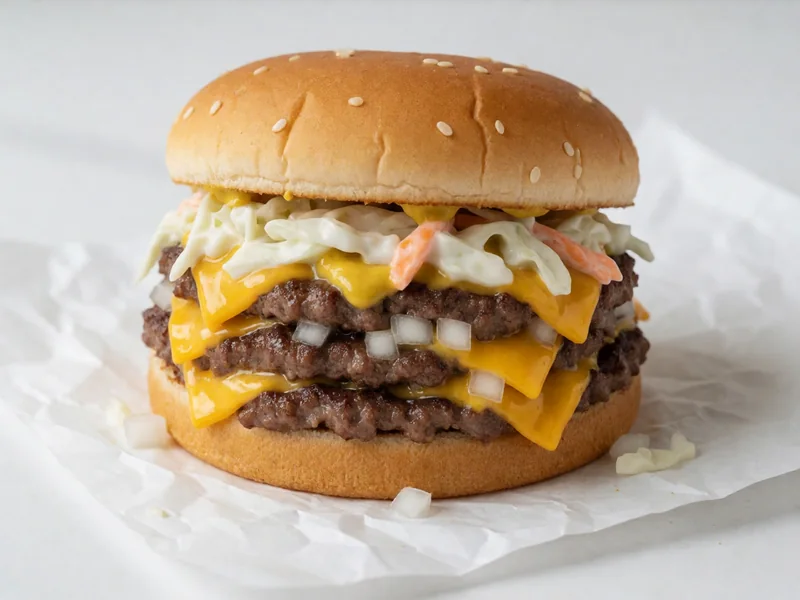 Big Double Burger Cookout Style with chili, slaw, mustard and onions