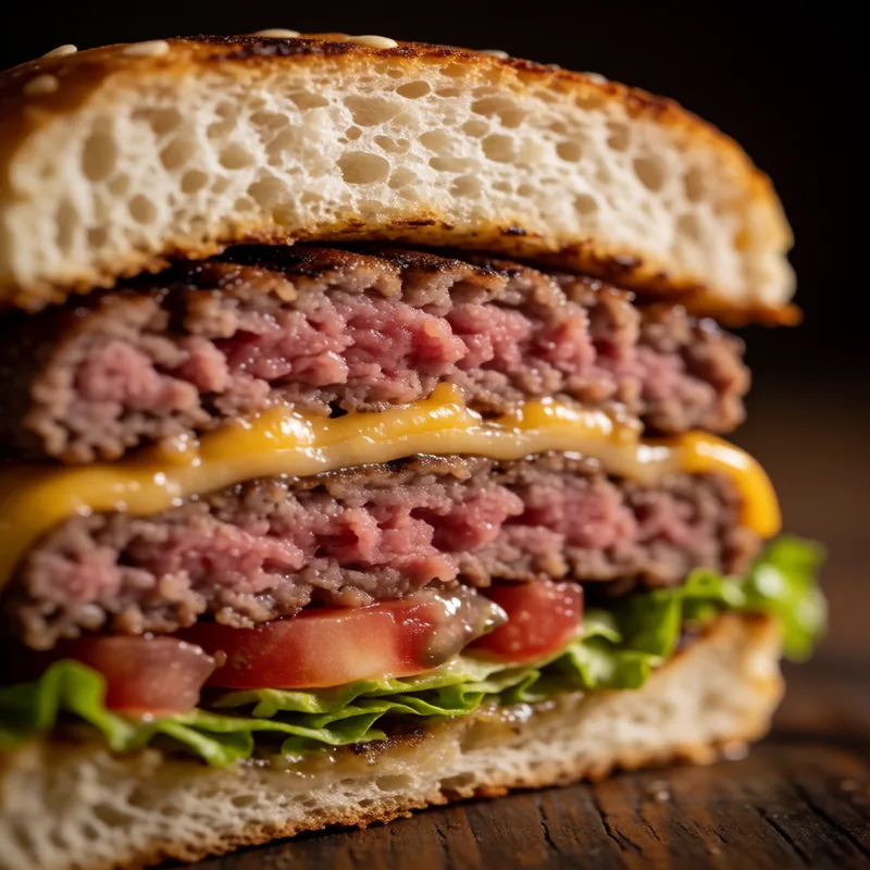Cross-section of a double cheeseburger showing two thick patties and melted cheese