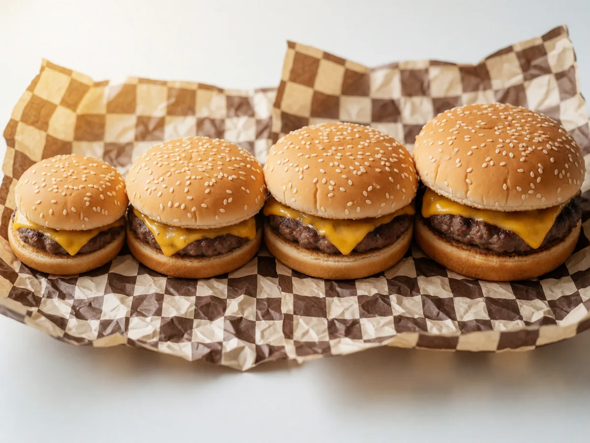 Four Cookout burgers lined up from smallest to largest on checkered paper