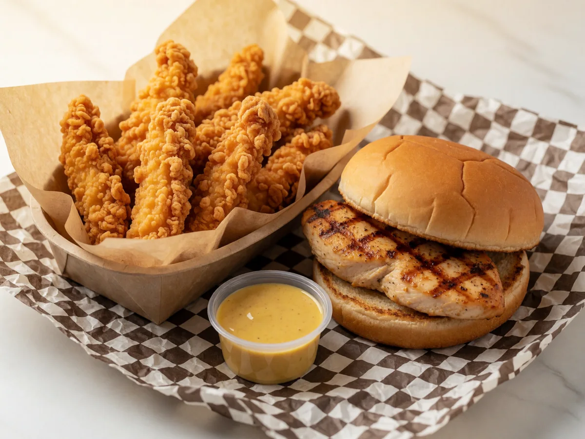 Cookout chicken strips beside a char-grilled chicken breast sandwich and a cup of honey mustard