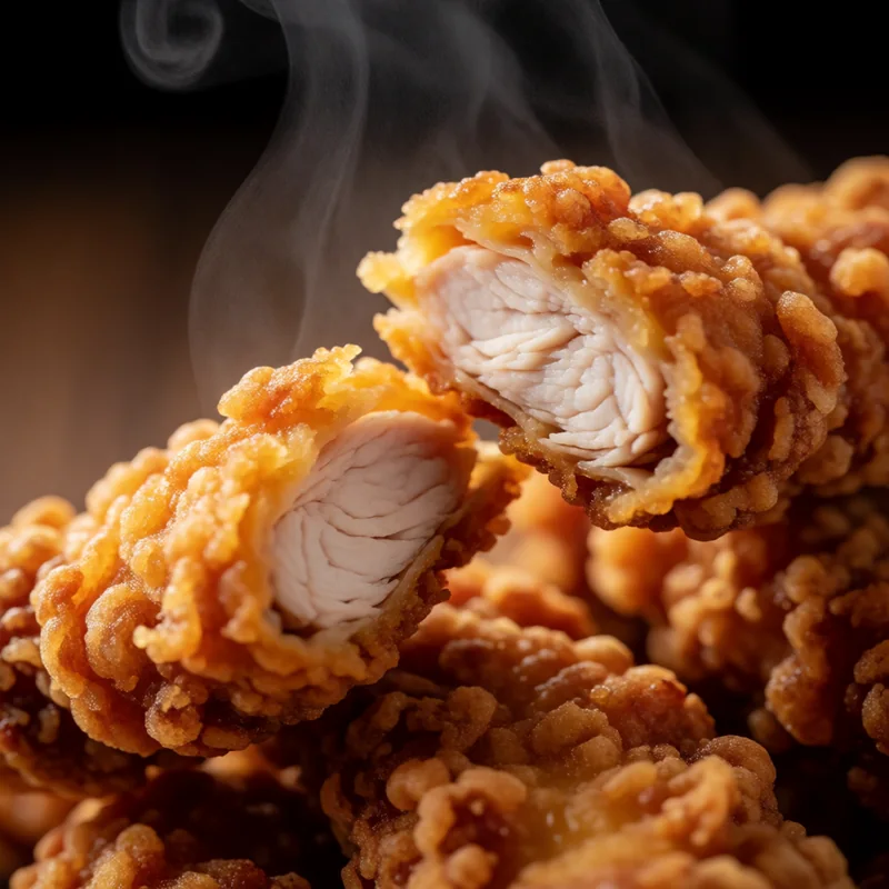 Cookout close-up: a crispy chicken strip broken open to show the white meat