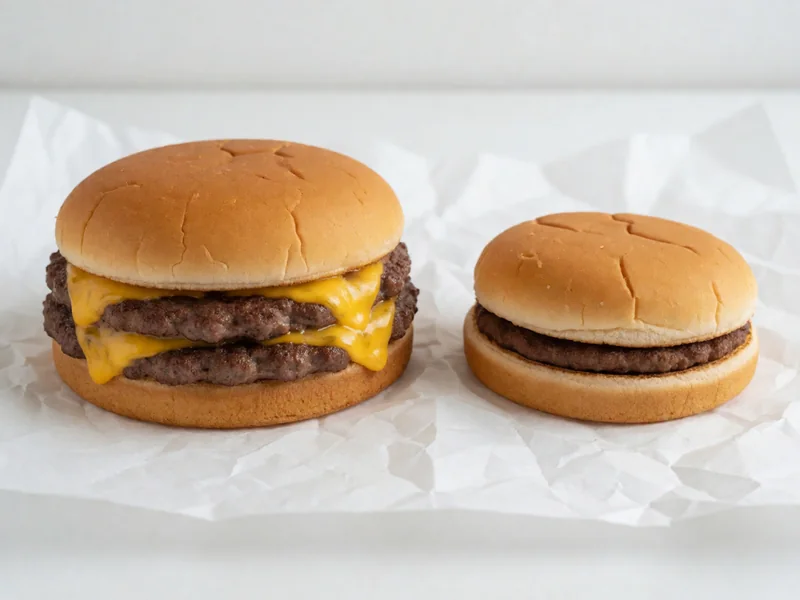 Two cheeseburgers side by side showing a large size difference