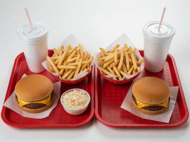 Two combo meals side by side, one with two sides and one with a single side