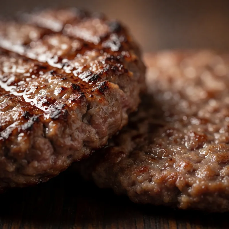 Cookout close-up: a thick char-grilled patty beside a thin flat patty
