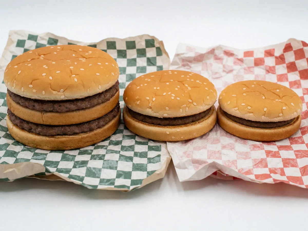 Burger size comparison: a large Cookout-style double beside two smaller burgers