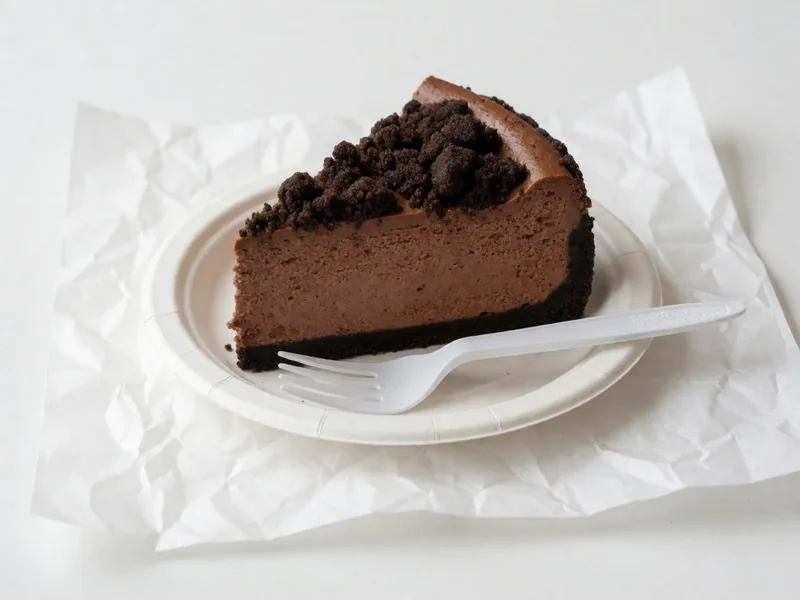 Slice of Cookout Chocolate Cheesecake with a chocolate crumble top