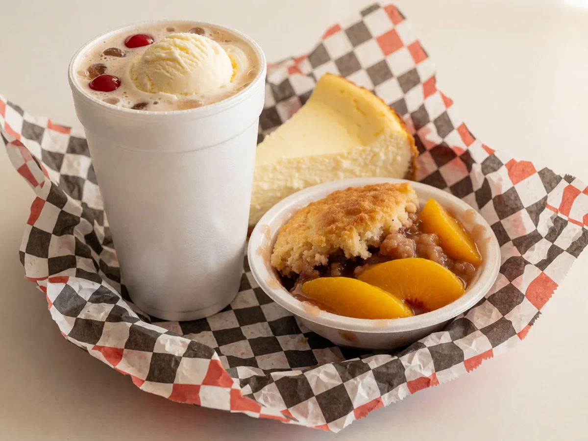Cookout desserts: a Cheerwine float in a foam cup, a slice of cheesecake and a dish of peach cobbler