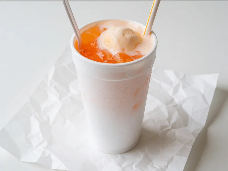 Cookout Fanta Float: orange soda with vanilla ice cream in a white foam cup