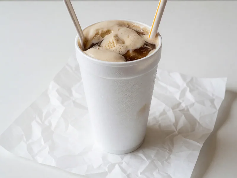 Cookout Root Beer Float with vanilla ice cream in a white foam cup