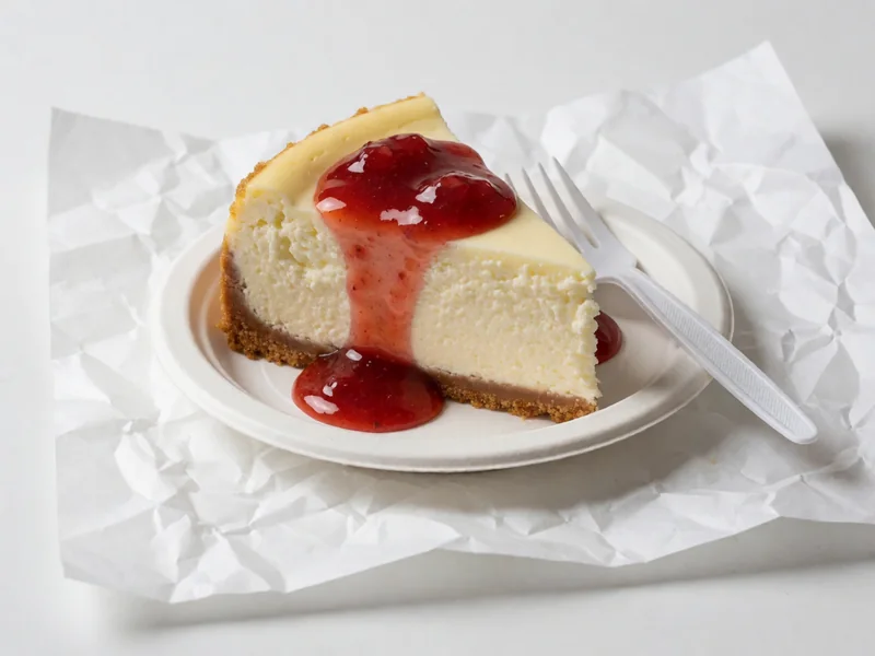 Slice of Cookout Strawberry Cheesecake topped with strawberry sauce