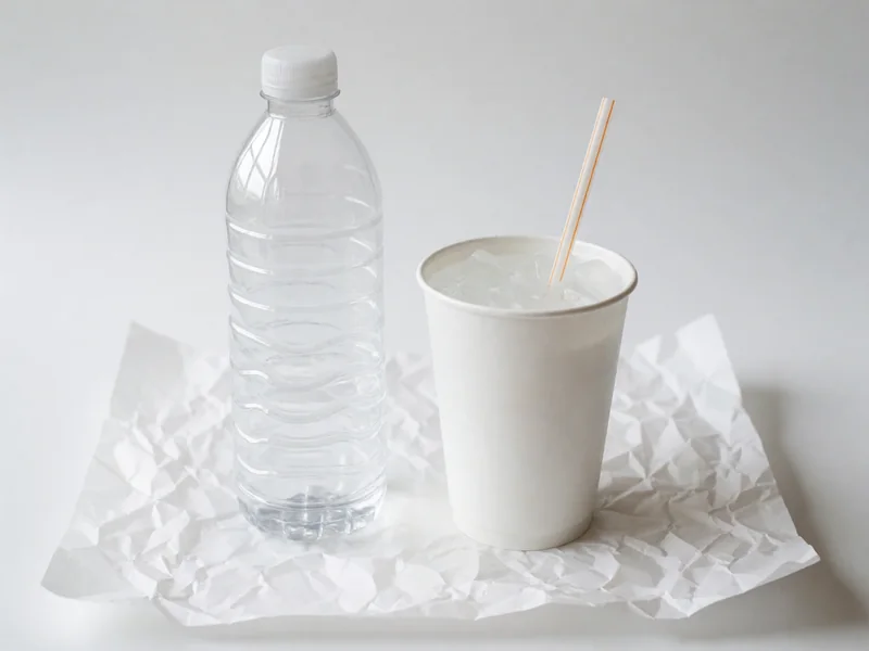 Cookout bottled water beside a cup of ice water