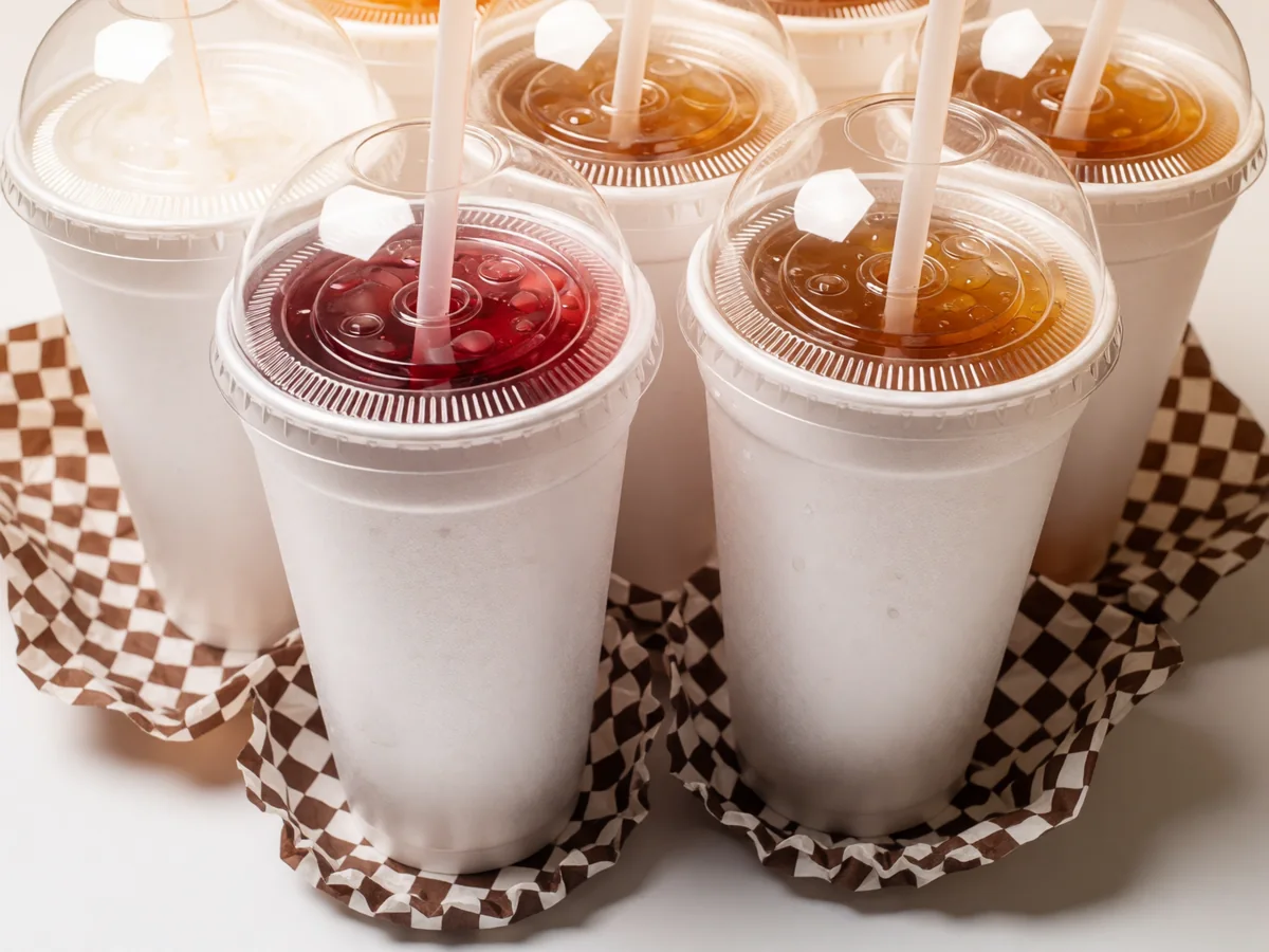 Cookout drinks in white foam cups with clear lids and straws, including Cheerwine and sweet tea