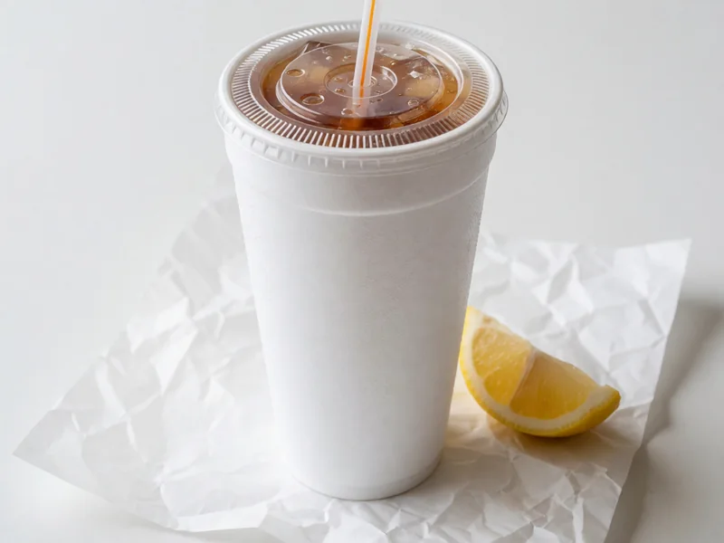 Huge Cookout Fresh Brewed Tea in a white foam cup with a lid and straw, with a lemon wedge