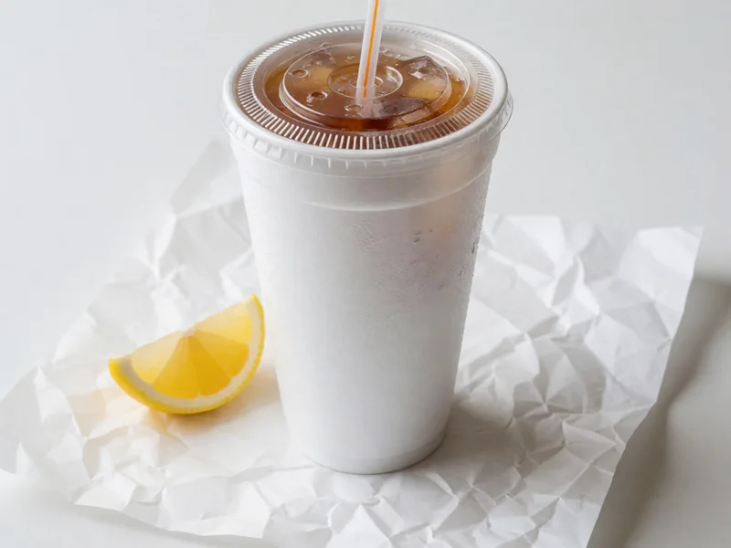 Cookout Fresh Brewed Tea in a white foam cup with a lid and straw, with a lemon wedge