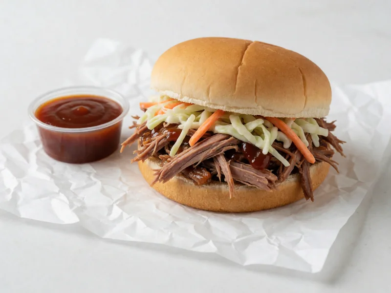 Cookout BBQ sandwich with chopped pork and slaw beside a cup of BBQ sauce