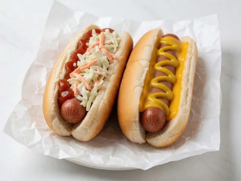Cookout hot dogs: a chili slaw dog and a cheese and mustard dog