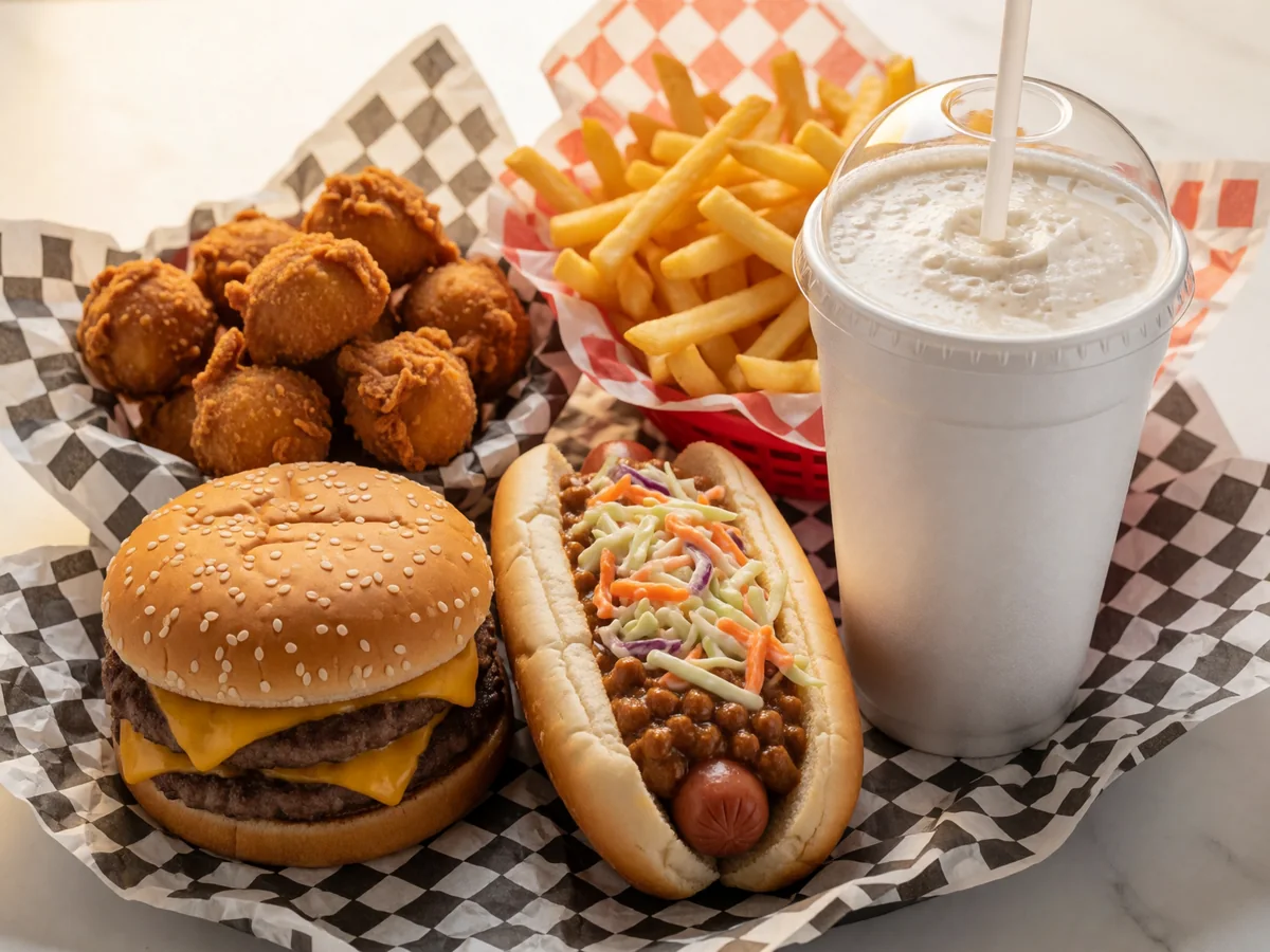Cookout menu spread with a double cheeseburger, chili slaw hot dog, hushpuppies, fries and a milkshake