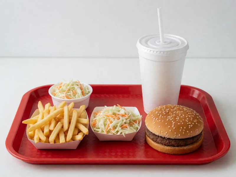 Cookout Tray with a burger, fries, coleslaw and a drink in a white foam cup