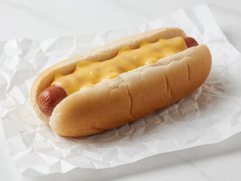 Cookout Cheese Dog covered in melted cheese sauce in a soft bun