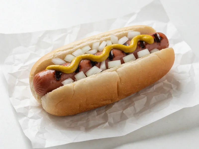 Cookout Hot Dog, char-grilled, with mustard and diced onions