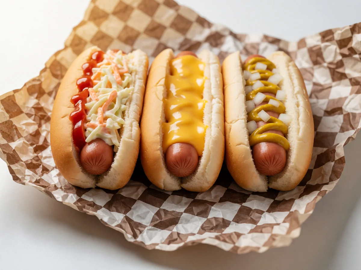 Three Cookout hot dogs side by side with chili and slaw, cheese sauce, and mustard with onions