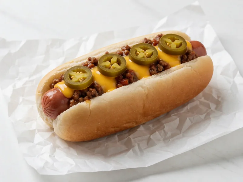 Cookout Mexi Hot Dog topped with chili, cheese and jalapeños