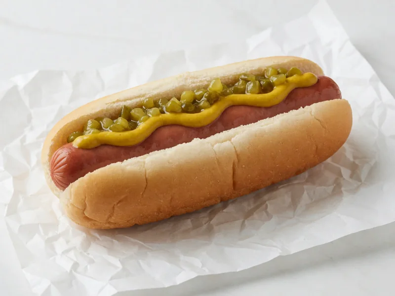 Cookout Mustard Relish Hot Dog with yellow mustard and green relish