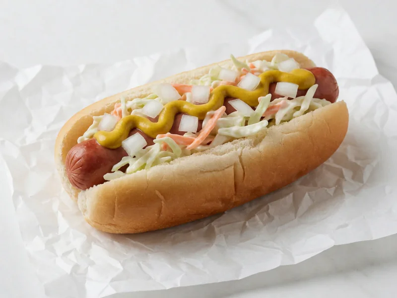 Cookout Style Hot Dog with chili, slaw, mustard and onions