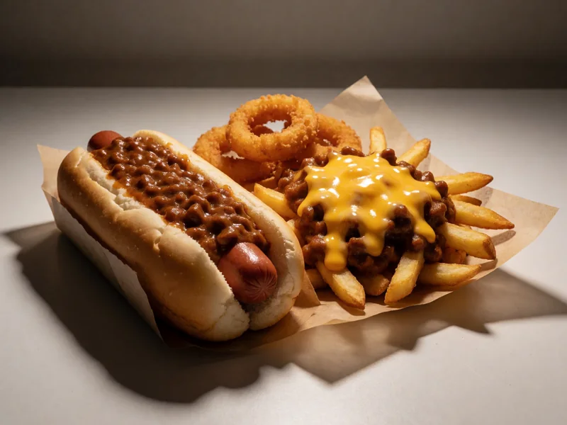Cookout late-night meal of a chili dog, chili cheese fries and onion rings