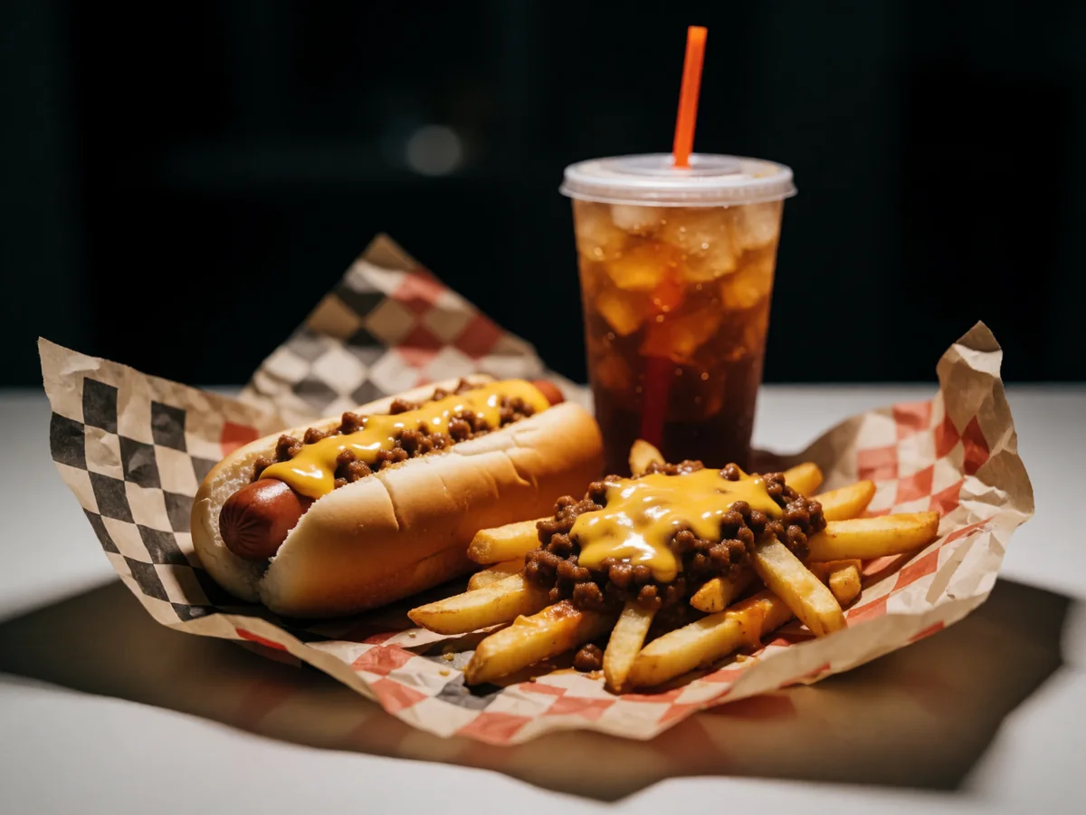 Late-night Cookout meal with a chili cheese dog, chili cheese fries and a drink