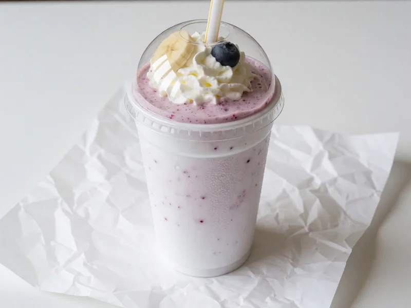 Cookout Banana Berry milkshake topped with whipped cream under a clear dome lid, with a wide straw