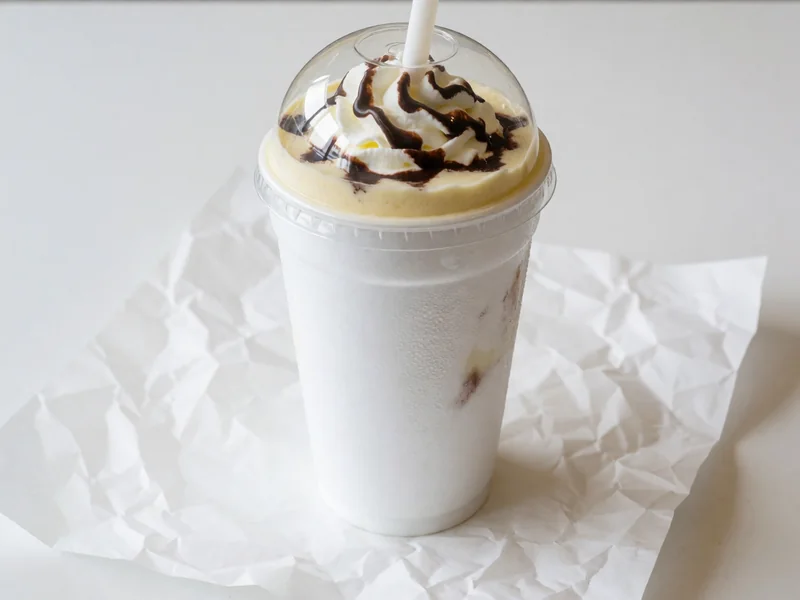 Cookout Banana Fudge milkshake topped with whipped cream under a clear dome lid, with a wide straw