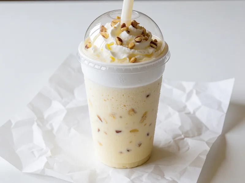 Cookout Banana Nut milkshake topped with whipped cream under a clear dome lid, with a wide straw
