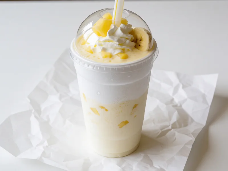 Cookout Banana Pineapple milkshake topped with whipped cream under a clear dome lid, with a wide straw