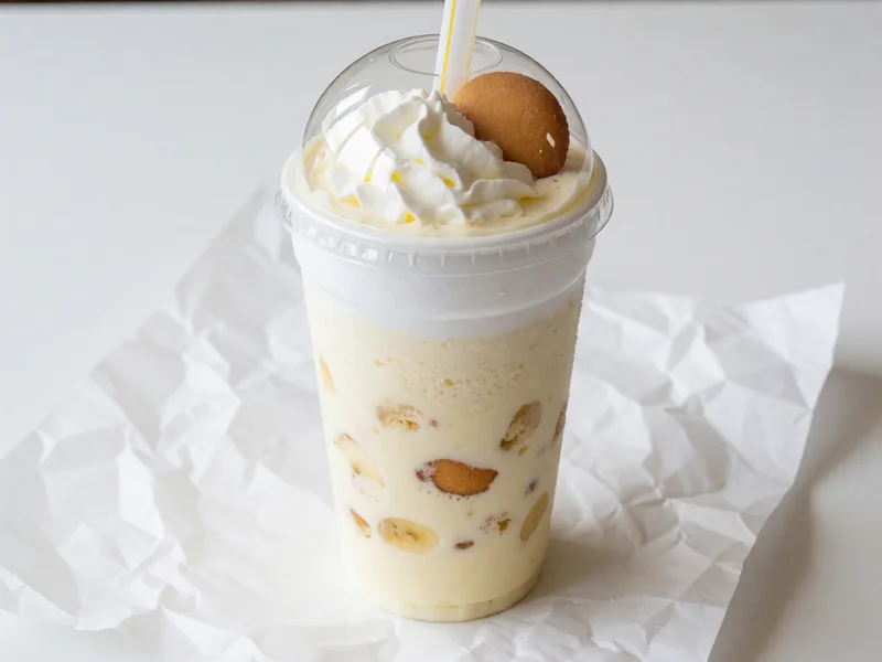 Cookout Banana Pudding milkshake topped with whipped cream under a clear dome lid, with a wide straw