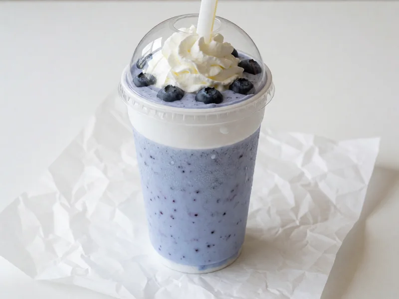 Cookout Blueberry milkshake topped with whipped cream under a clear dome lid, with a wide straw