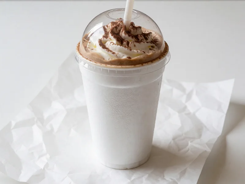Cookout Cappuccino milkshake topped with whipped cream under a clear dome lid, with a wide straw