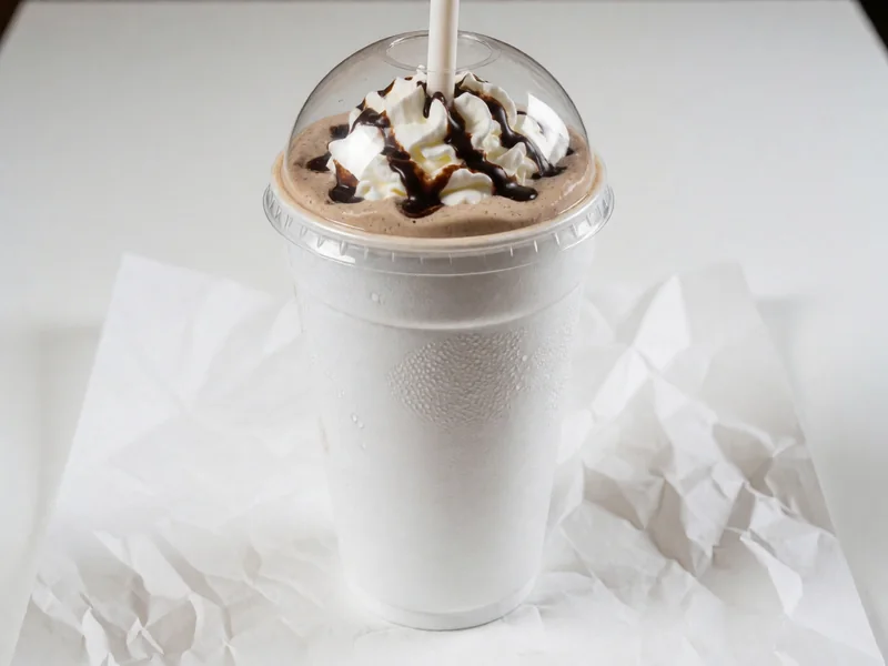 Cookout Caramel Fudge milkshake topped with whipped cream under a clear dome lid, with a wide straw