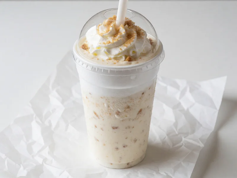 Cookout Cheesecake milkshake topped with whipped cream under a clear dome lid, with a wide straw