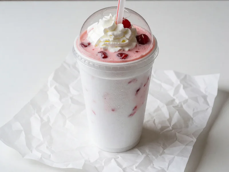 Cookout Cherry milkshake topped with whipped cream under a clear dome lid, with a wide straw