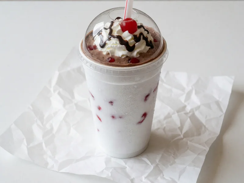 Cookout Chocolate Cherry milkshake topped with whipped cream under a clear dome lid, with a wide straw