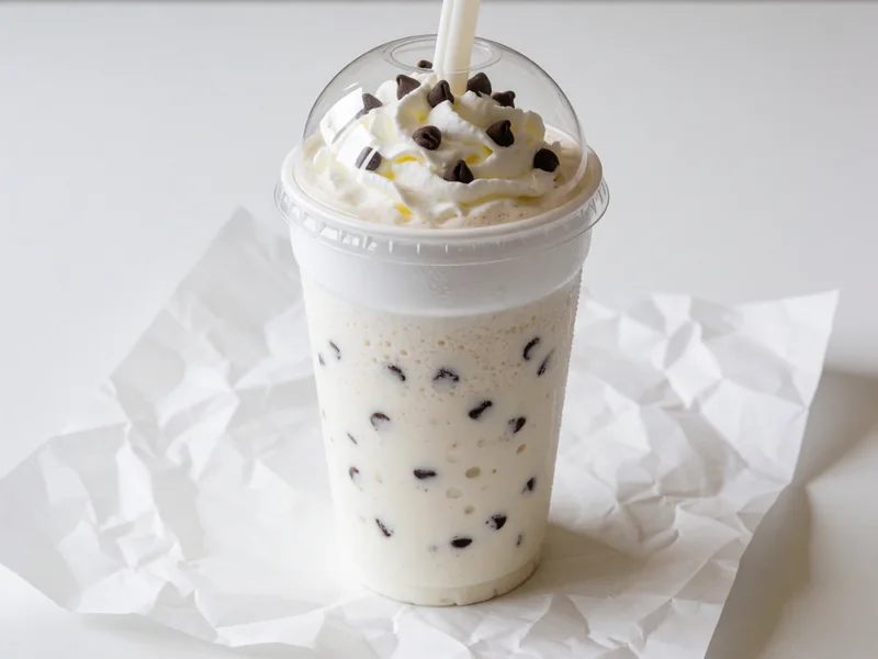 Cookout Chocolate Chip milkshake topped with whipped cream under a clear dome lid, with a wide straw