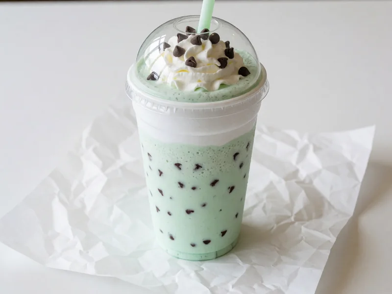 Cookout Chocolate Chip Mint milkshake topped with whipped cream under a clear dome lid, with a wide straw
